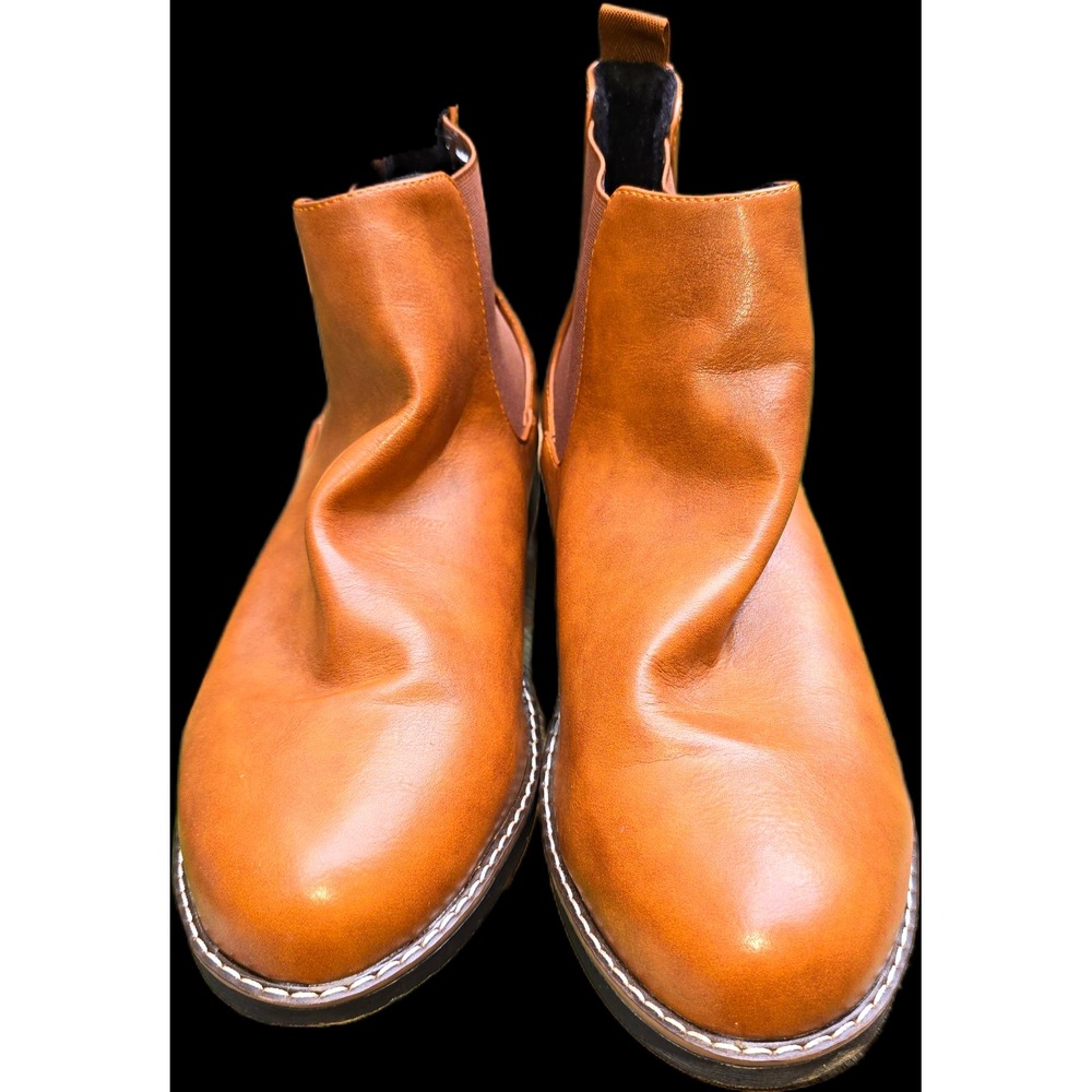 AHONGH Fashion Brown Chelsea Ankle Boots Faux Leather Elastic Round Toe Size 46